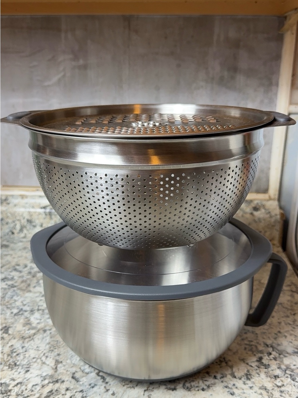 Princess House Stainless Steel Colander and Mixing Bowl with Gray Rim